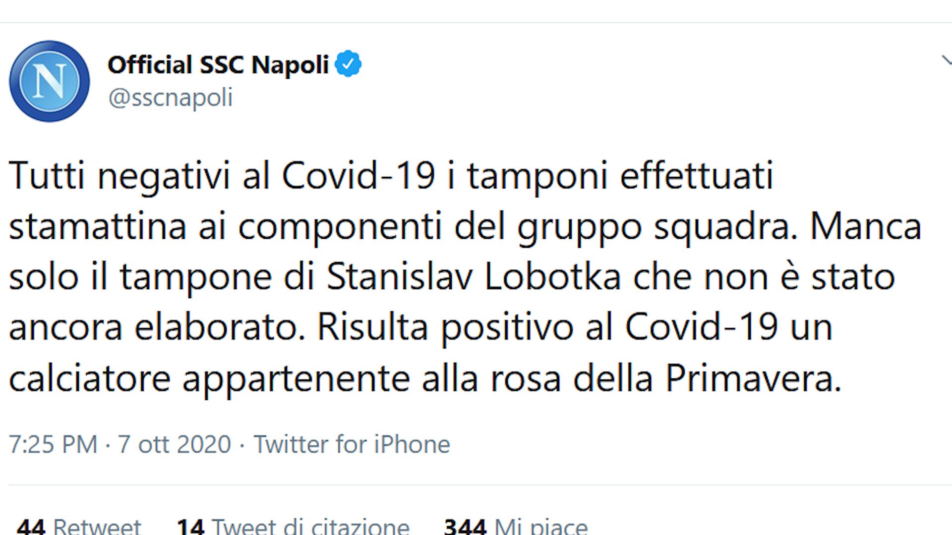Napoli, tamponi tutti negativi al Covid-19