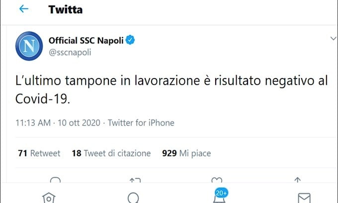 Covid-19, il Napoli annuncia: "Anche l'ultimo tampone è negativo"