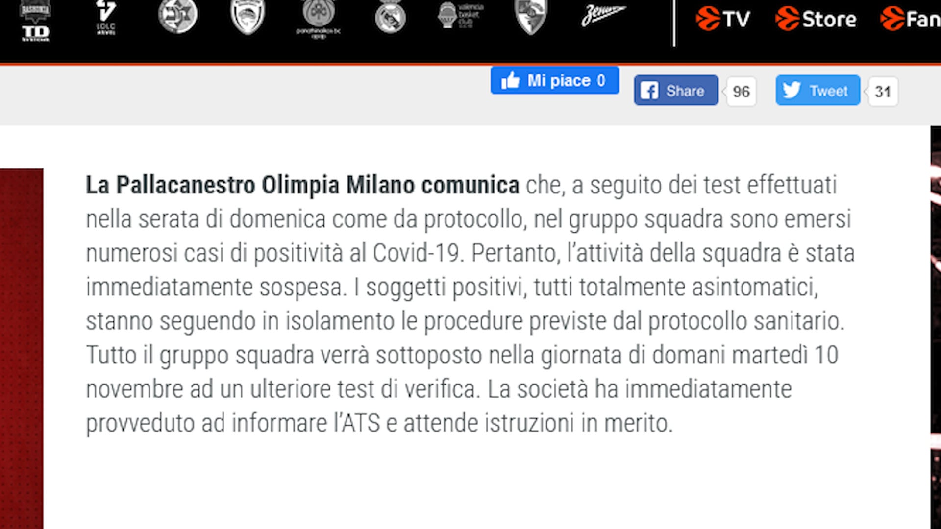 Focolaio Covid-19 in casa Olimpia Milano: sospesa l'attività sportiva