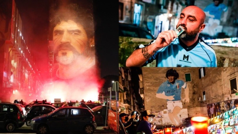 Maradona salutato dai tifosi del Napoli: il raduno sotto al murales