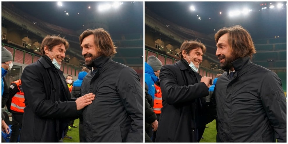 Abbraccio e sorrisi tra Conte e Pirlo, ex della Juve avversari a San Siro