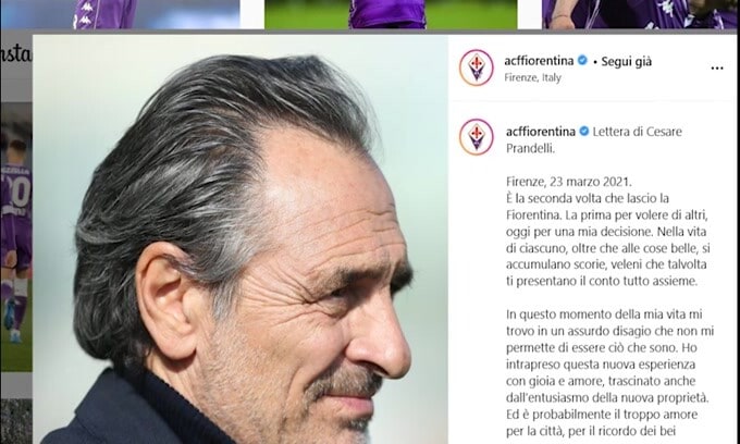 Prandelli, commovente lettera di addio alla Fiorentina