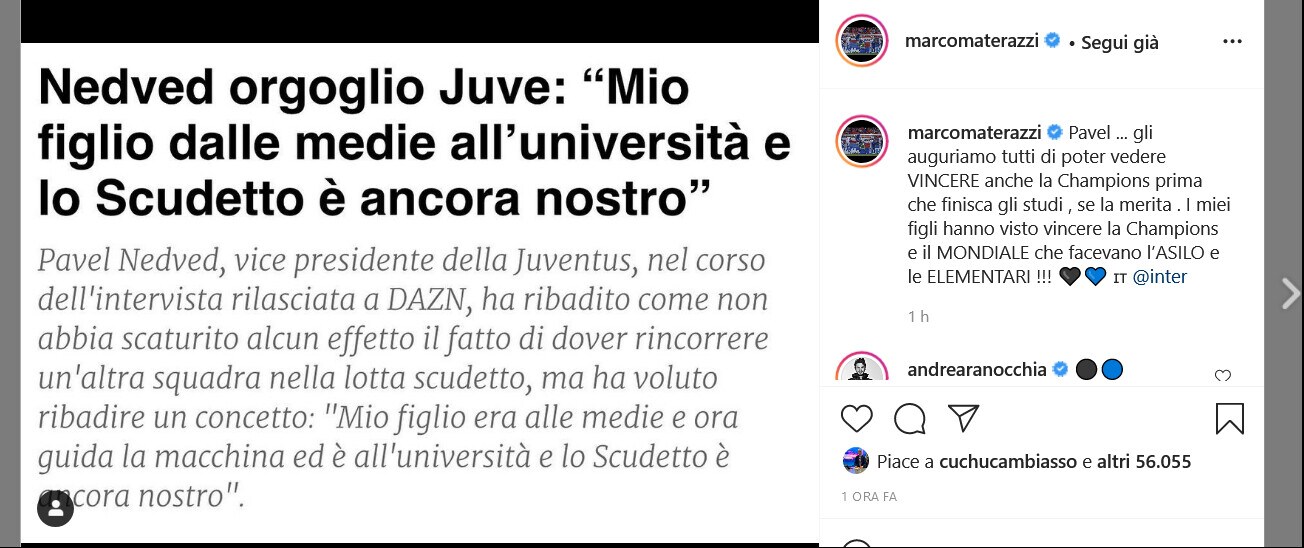 Juve-Inter, scintille tra Nedved e Materazzi