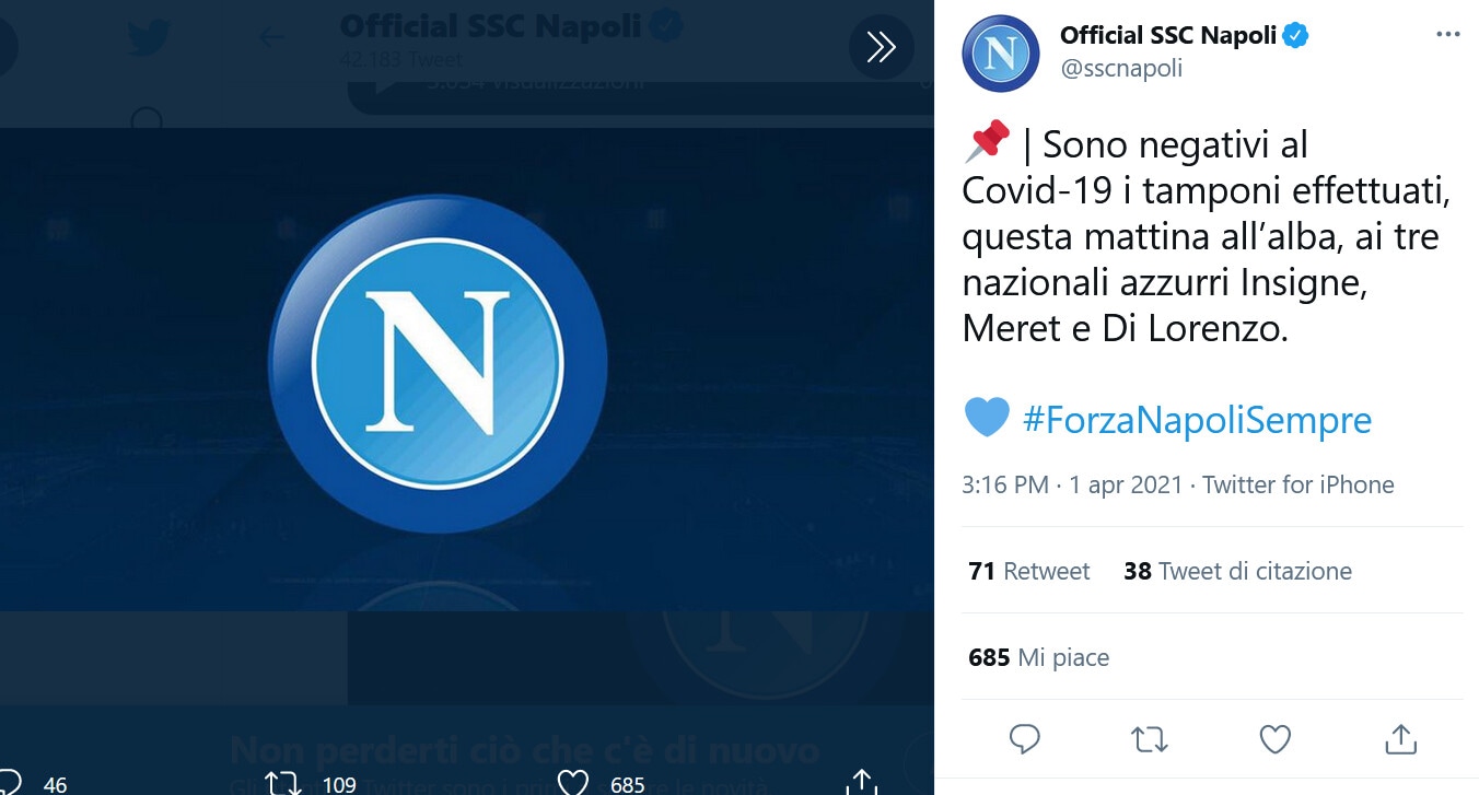 Il Napoli può sorridere: Insigne, Meret e Di Lorenzo negativi ai tamponi
