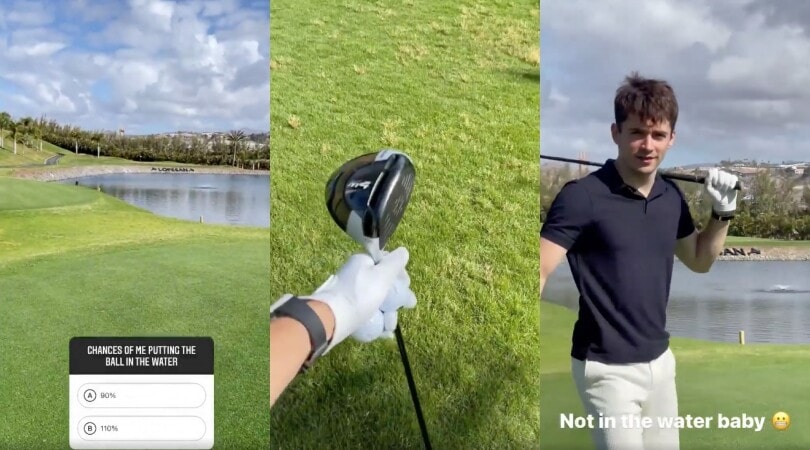 Ferrari, Sainz lo provoca e Leclerc si scatena a golf: "Che tiro, non ho preso il lago"