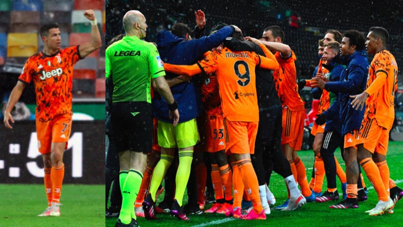 Juve, abbraccio di gruppo dopo il secondo gol di Ronaldo