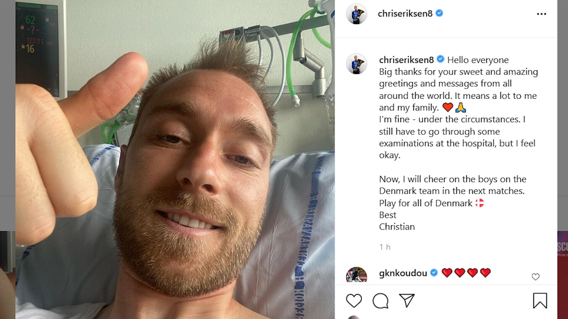 Il messaggio social di Eriksen: "Grazie a tutti"