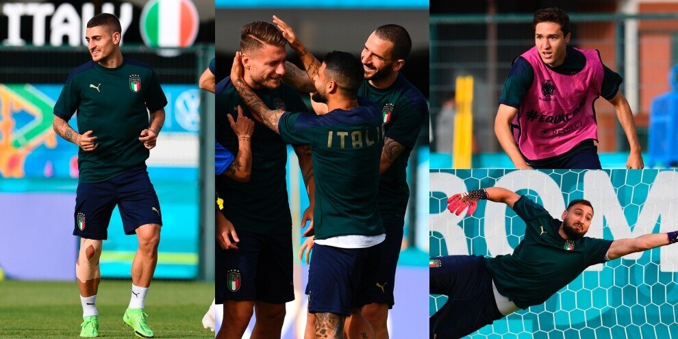Italia, per Verratti gamba fasciata. Bonucci scherza con Immobile