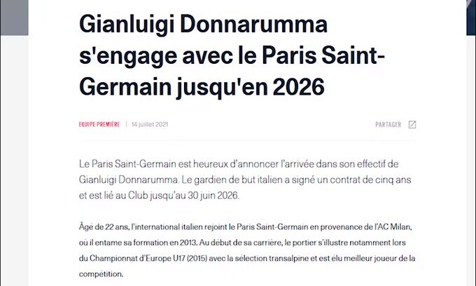 Ufficiale: Donnarumma al Psg fino al 2026