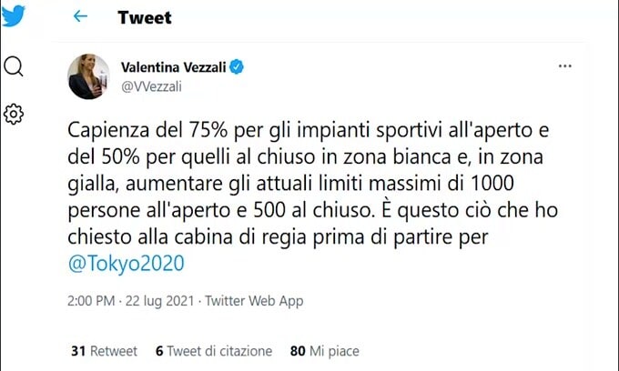 La richiesta di Vezzali: "75% capienza impianti all'aperto e 50% al chiuso"