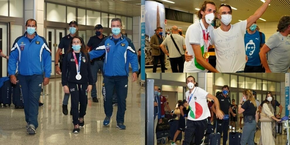 Tamberi e Vanessa Ferrari rientrati da Tokyo: applausi a Fiumicino