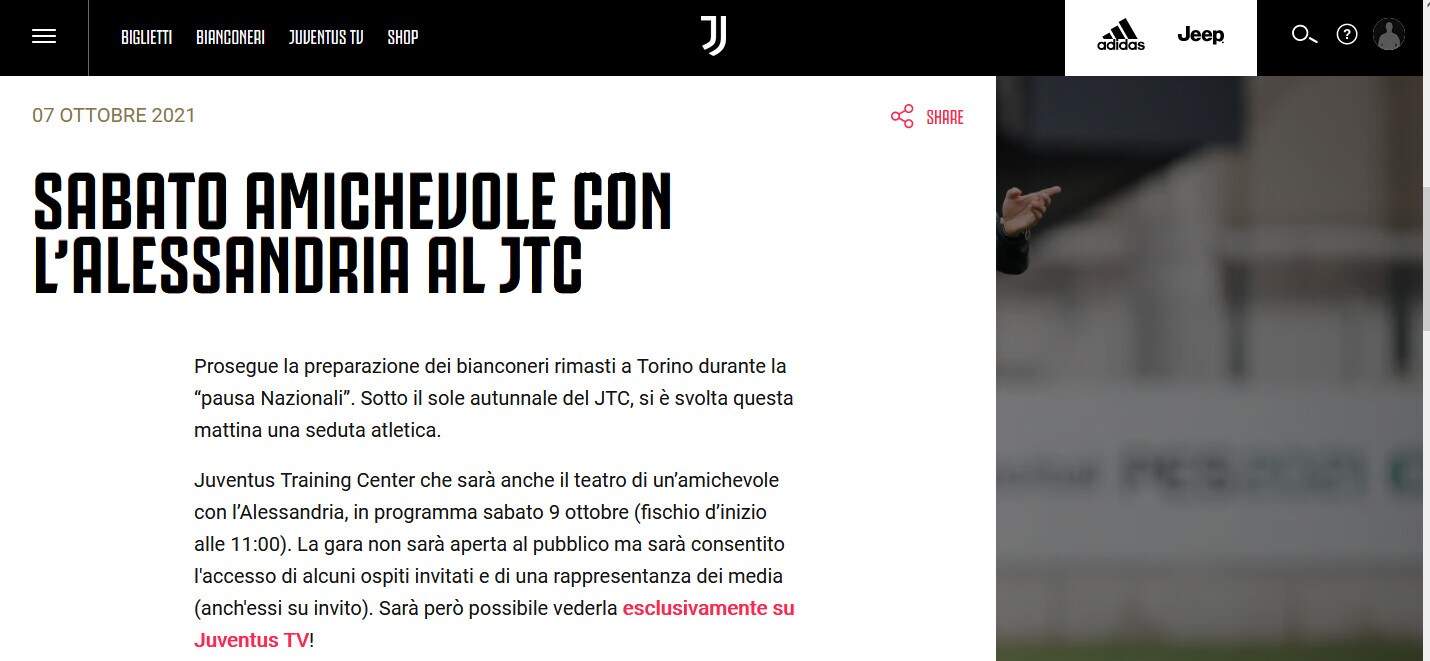 Juve, sabato 9 sfida amichevole con l'Alessandria