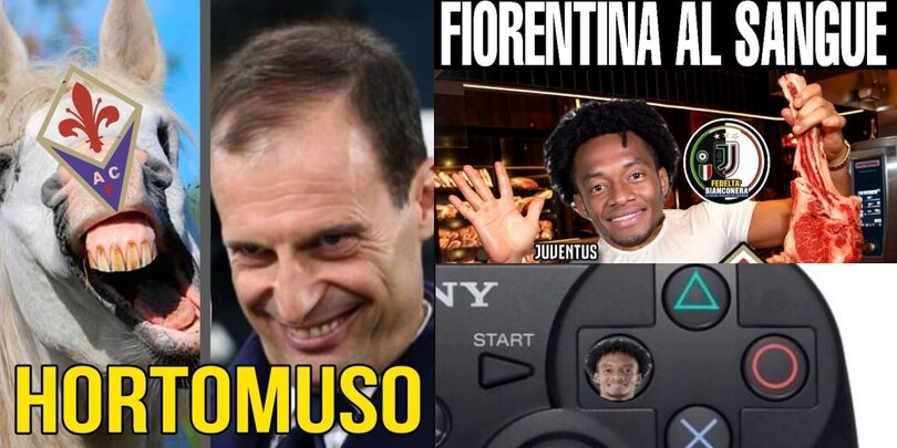 Juve, ironia social sulla Fiorentina: Allegri, il corto muso e Cuadrado