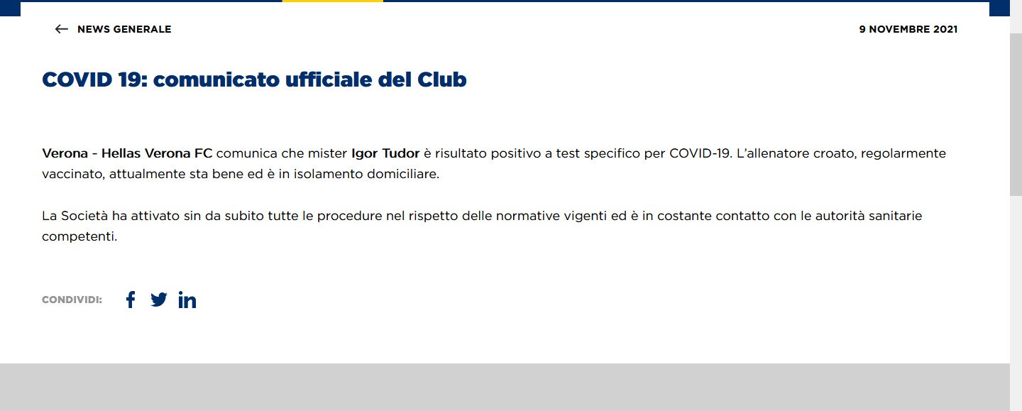 Verona, Igor Tudor positivo al Coronavirus