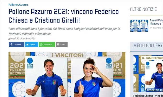 Figc, Chiesa e Girelli premiati con il Pallone Azzurro 2021