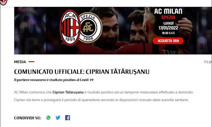 Milan, niente Roma per Tatarusanu: è positivo al Covid-19