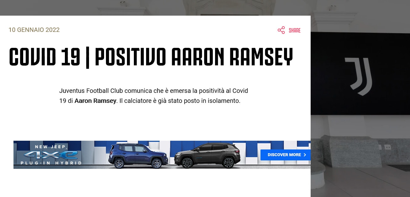 Juve, altro stop per Ramsey: è positivo al Covid-19