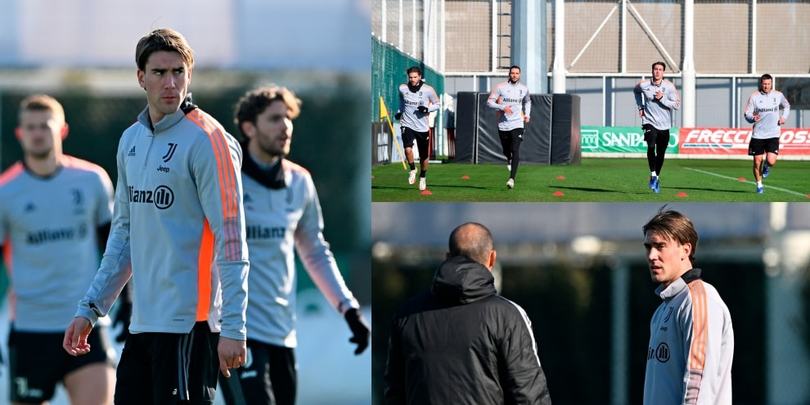 Vlahovic, primo allenamento con la maglia della Juve e colloquio con Allegri