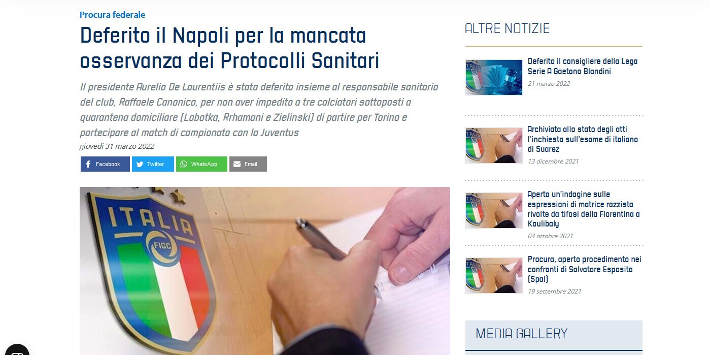Juve-Napoli, deferito De Laurentiis per la quarantena non rispettata
