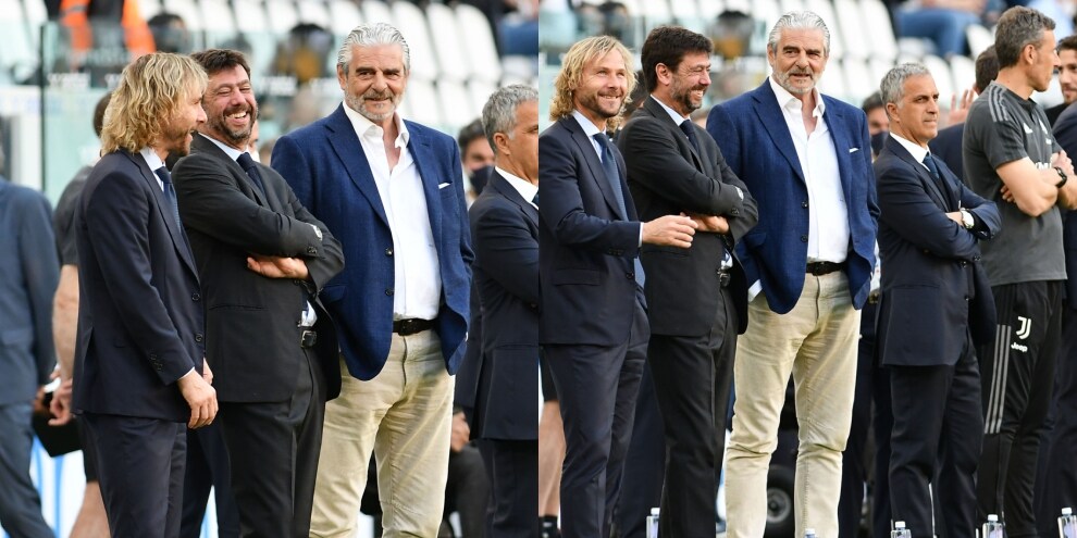 Juve-Bologna, Agnelli a bordocampo: risate con Nedved e Arrivabene