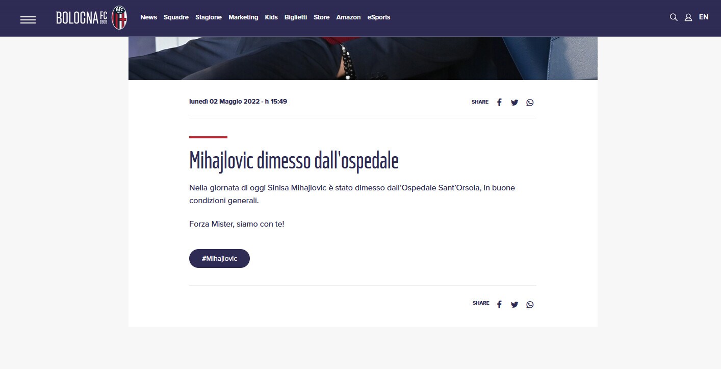 Bologna, Mihajlovic ha lasciato l'ospedale