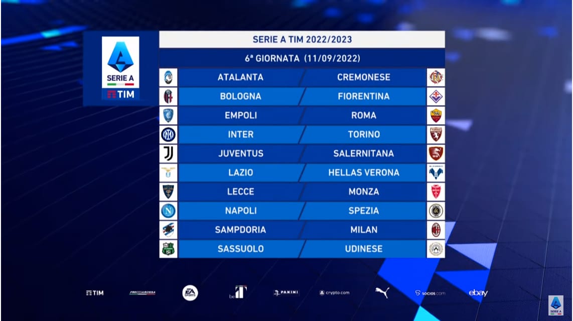 6 giornata serie a calendario