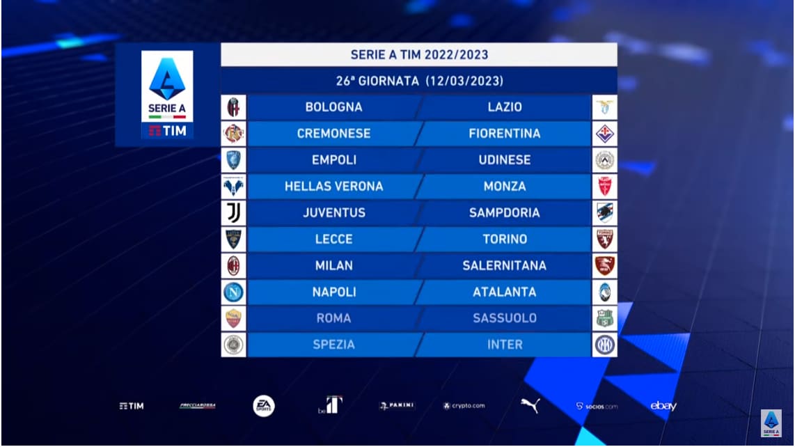 26 giornata serie a calendario