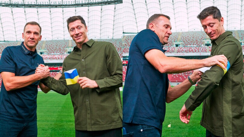 Shevchenko, incontro con Lewandowski: consegnata la fascia dell'Ucraina
