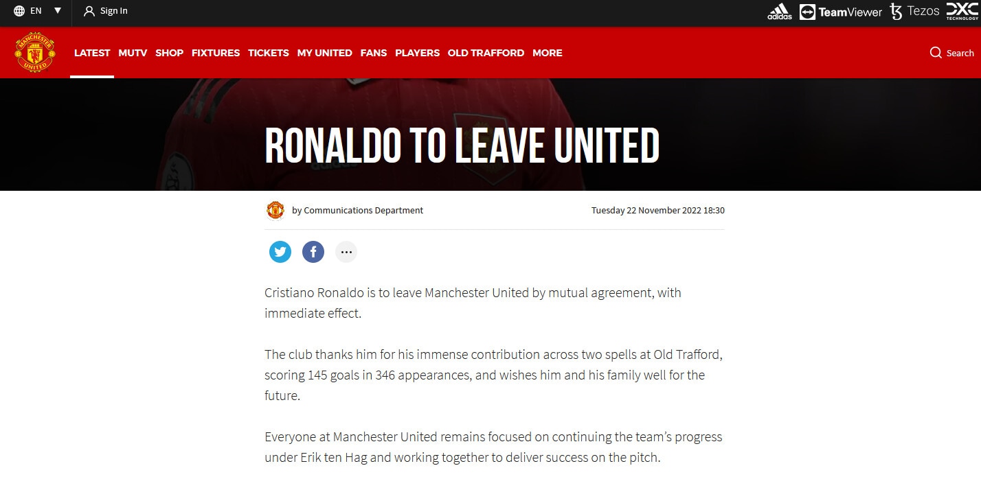 Ufficiale, Manchester United: CR7 non è più un giocatore del club