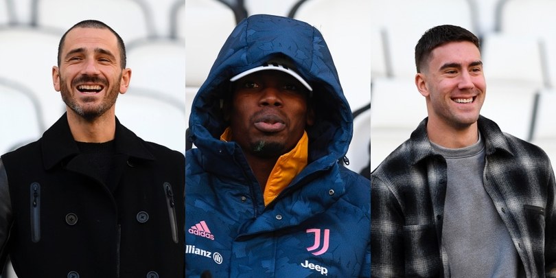 Pogba incappucciato, Vlahovic e Bonucci se la ridono in tribuna