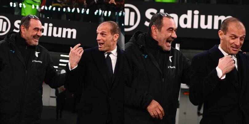 Allegri e Sarri, saluti e sorrisi prima di Juve-Lazio