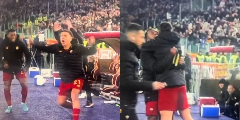 Dybala, l'esultanza con Wijnaldum dopo il gol sbagliato dalla Juve