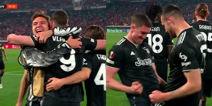 Friburgo-Juve, Vlahovic gol e show: dall'abbraccio con Chiesa all'esultanza con Gatti