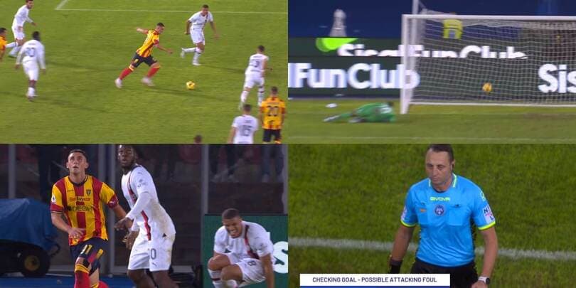 Piccoli segna il 3-2 per il Lecce, Abisso annulla per fallo su Thiaw: la sequenza