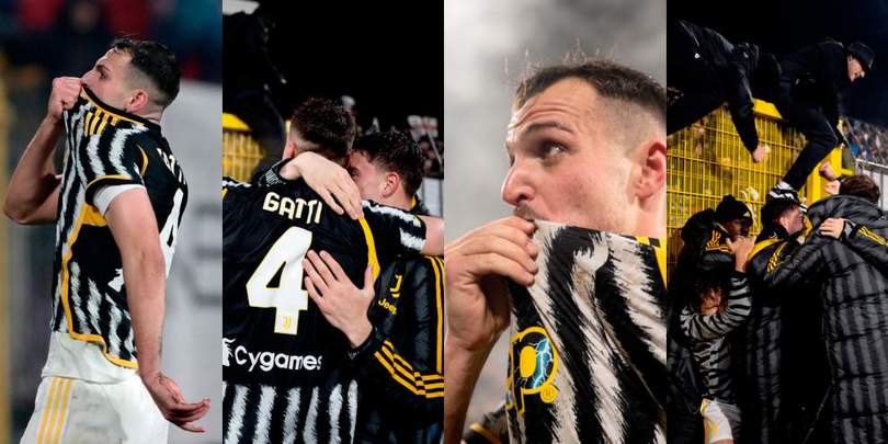 Gatti, esultanza sfrenata sotto la curva e bacio alla maglia Juve