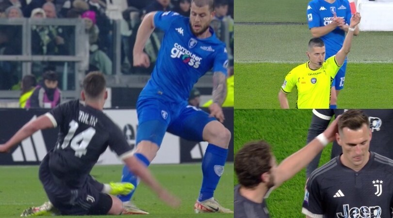 Milik in tackle a martello su Cerri: prima giallo, poi rosso col Var