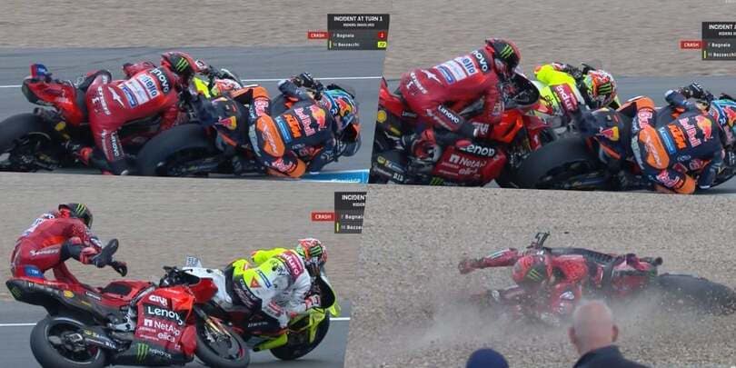 Binder esagera e Bagnaia cade: Pecco chiuso a sandwich con Bezzecchi