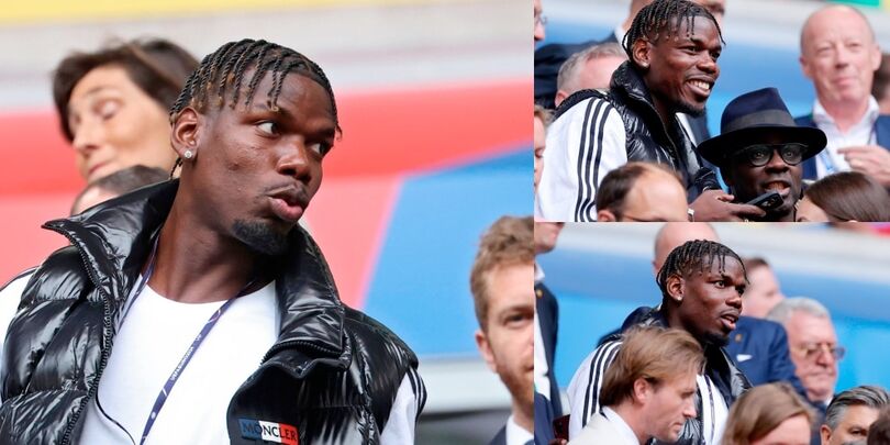 Pogba in tribuna per Francia-Belgio con un look bianconero: con lui c'è Thuram