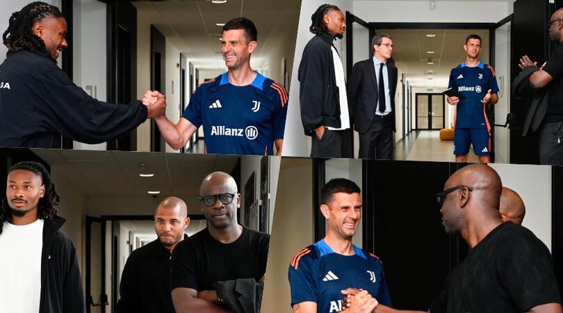 Juve, Khephren e Lilian Thuram alla Continassa: saluti e sorrisi con Thiago Motta