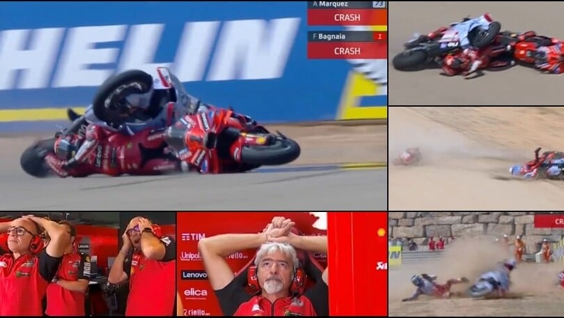Bagnaia shock, finisce sotto la moto di Alex Marquez: le immagini dell'incidente