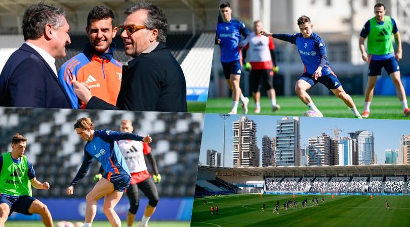 Vlahovic e Conceicao al top, sorrisi Motta e Giuntoli: la Juve si allena a Riad