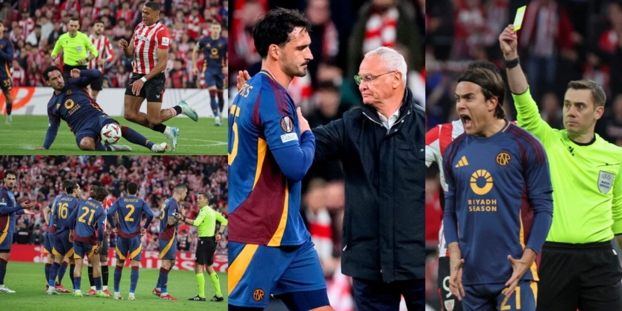 L'espulsione di Hummels all'11' lascia la Roma in 10 a Bilbao: le immagini