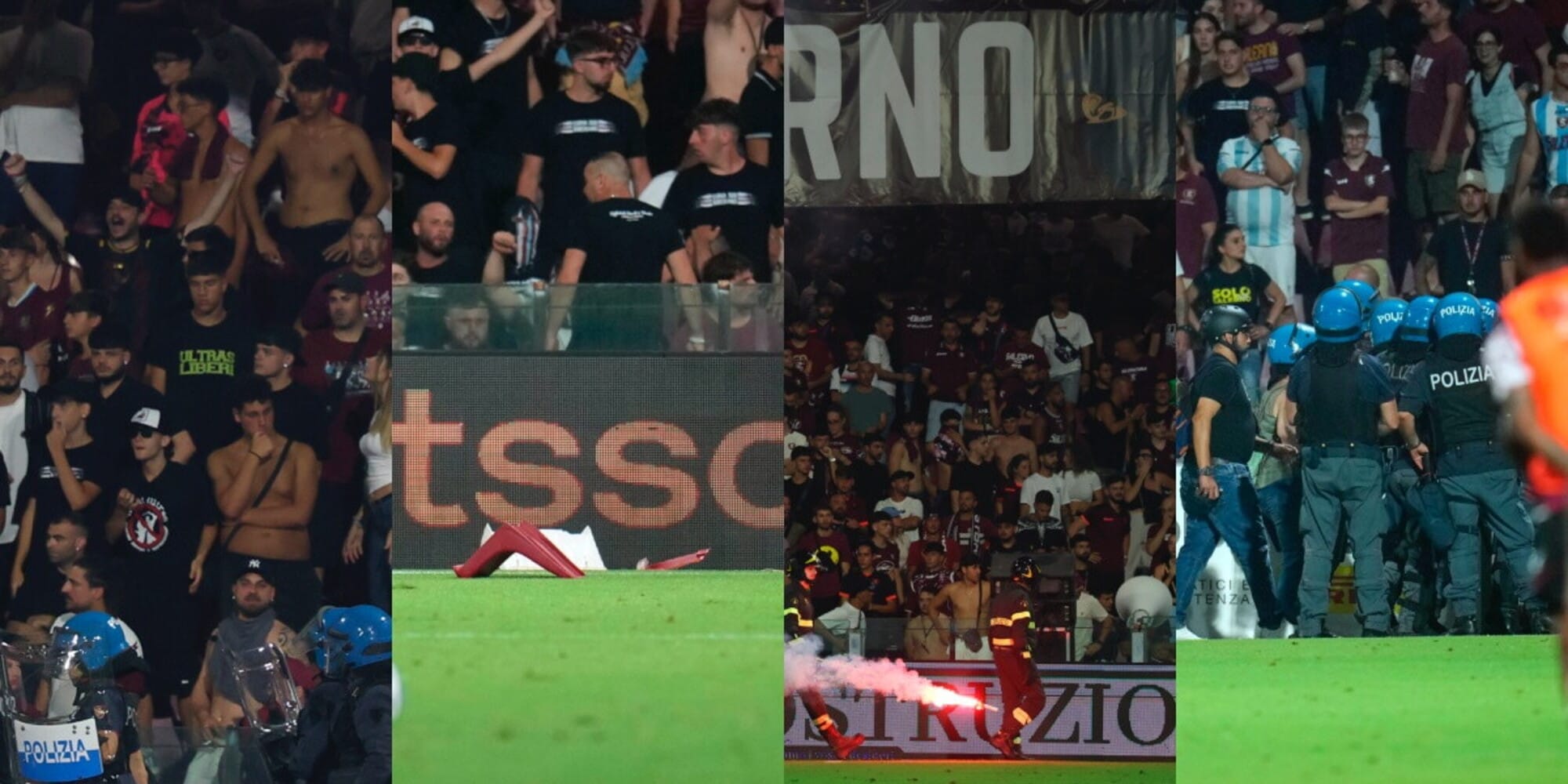 A Salerno il finale peggiore: seggiolini in campo e petardi per protesta
