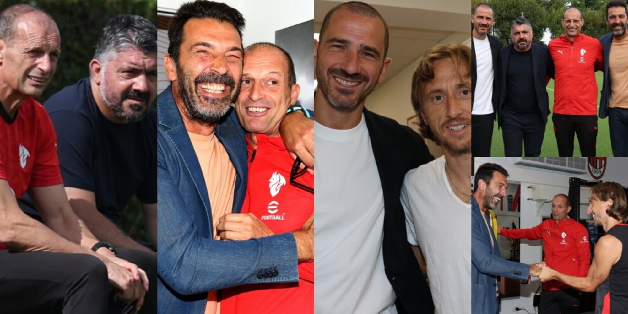 Buffon, Bonucci e l'abbraccio con Allegri: reunion Juve all'allenamento Milan