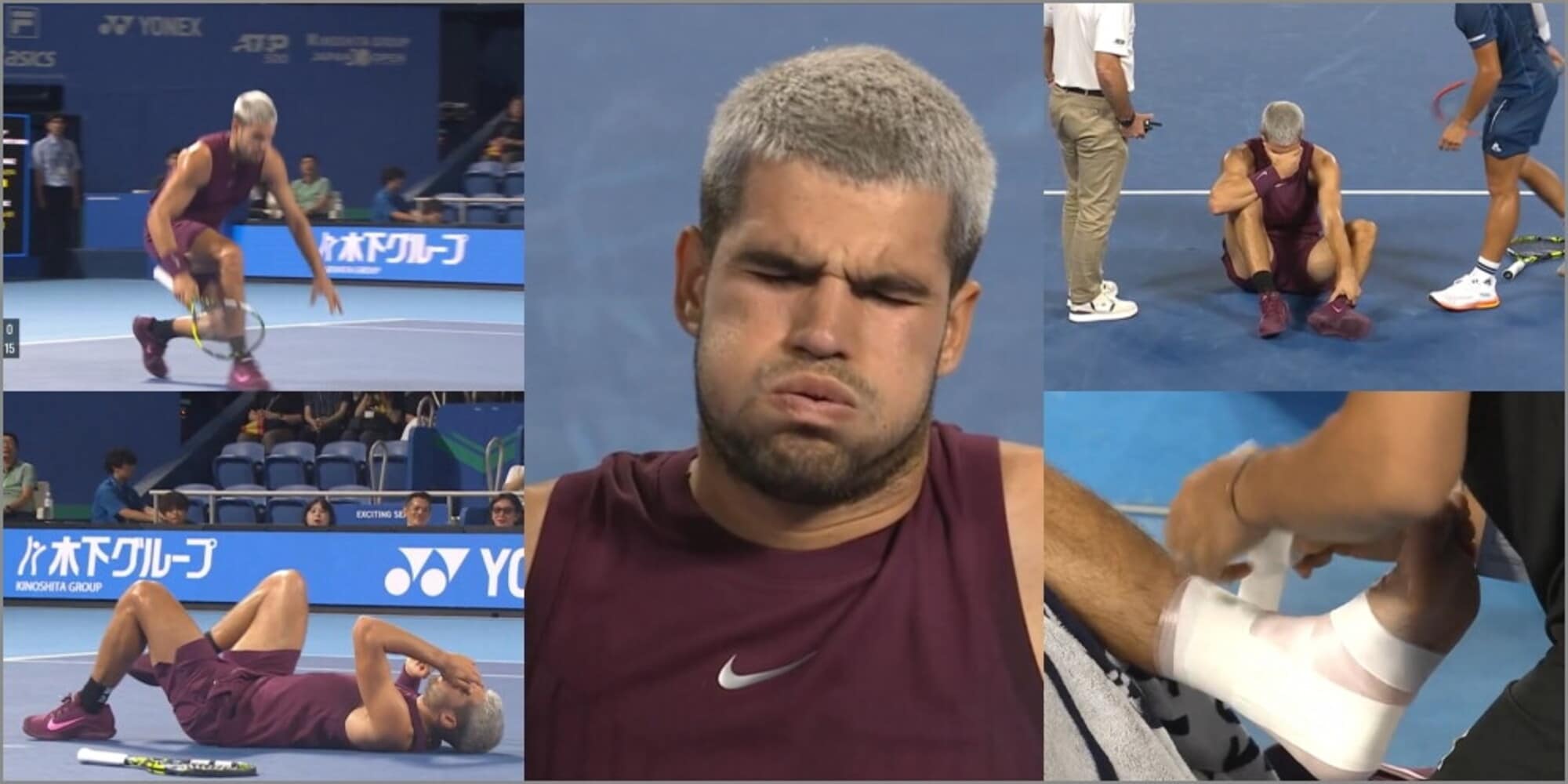 Alcaraz disperato, mani in faccia e smorfie di dolore: le immagini dell'infortunio alla caviglia