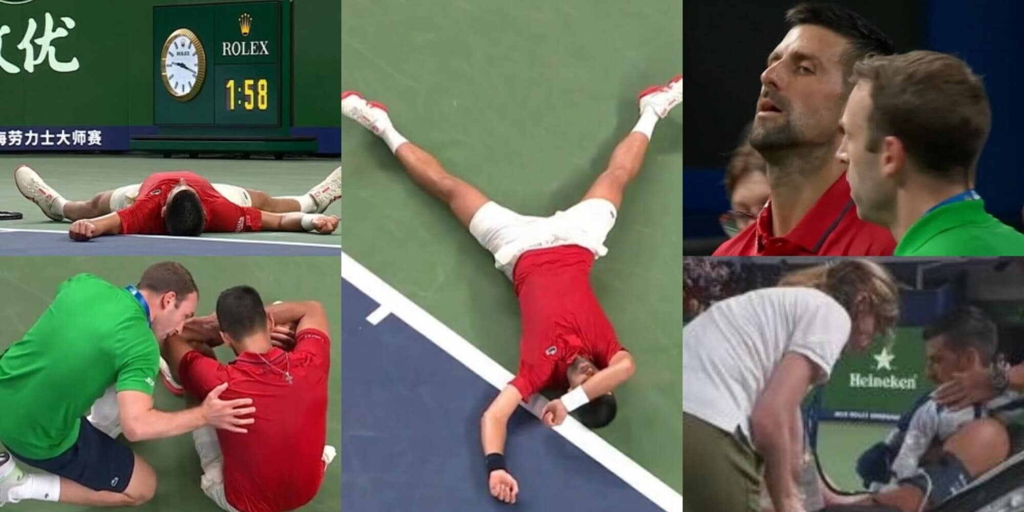 Djokovic perde il 2° set e cade a terra stravolto dalla fatica. Poi si fa misurare la pressione!
