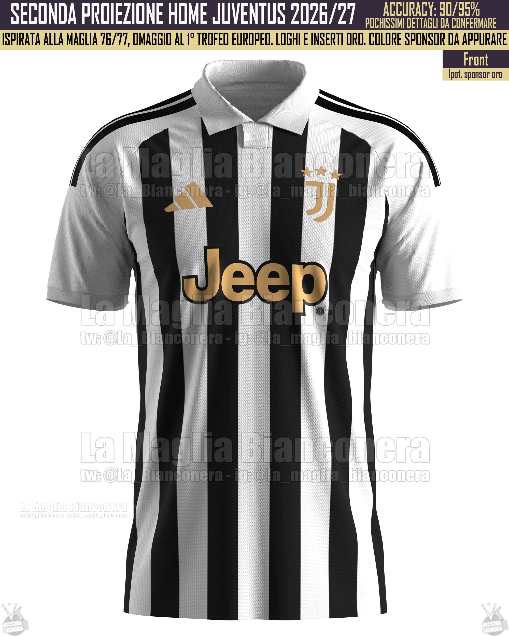 Seconda proiezione prima maglia Juve 2026-2027. È ispirata alla maglia del 1976/77 e omaggio al primo trofeo europeo