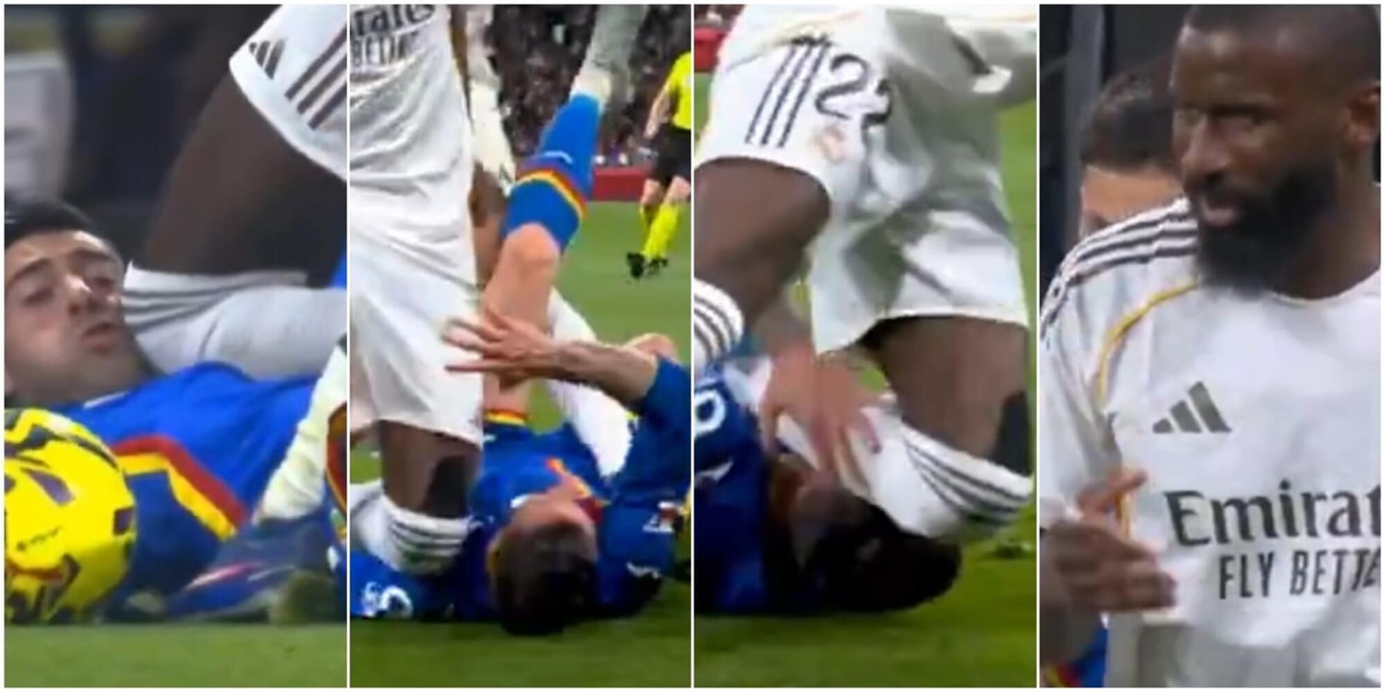 Ginocchiata in faccia di Rudiger in Real Madrid-Getafe: niente espulsione e non si va nemmeno al Var