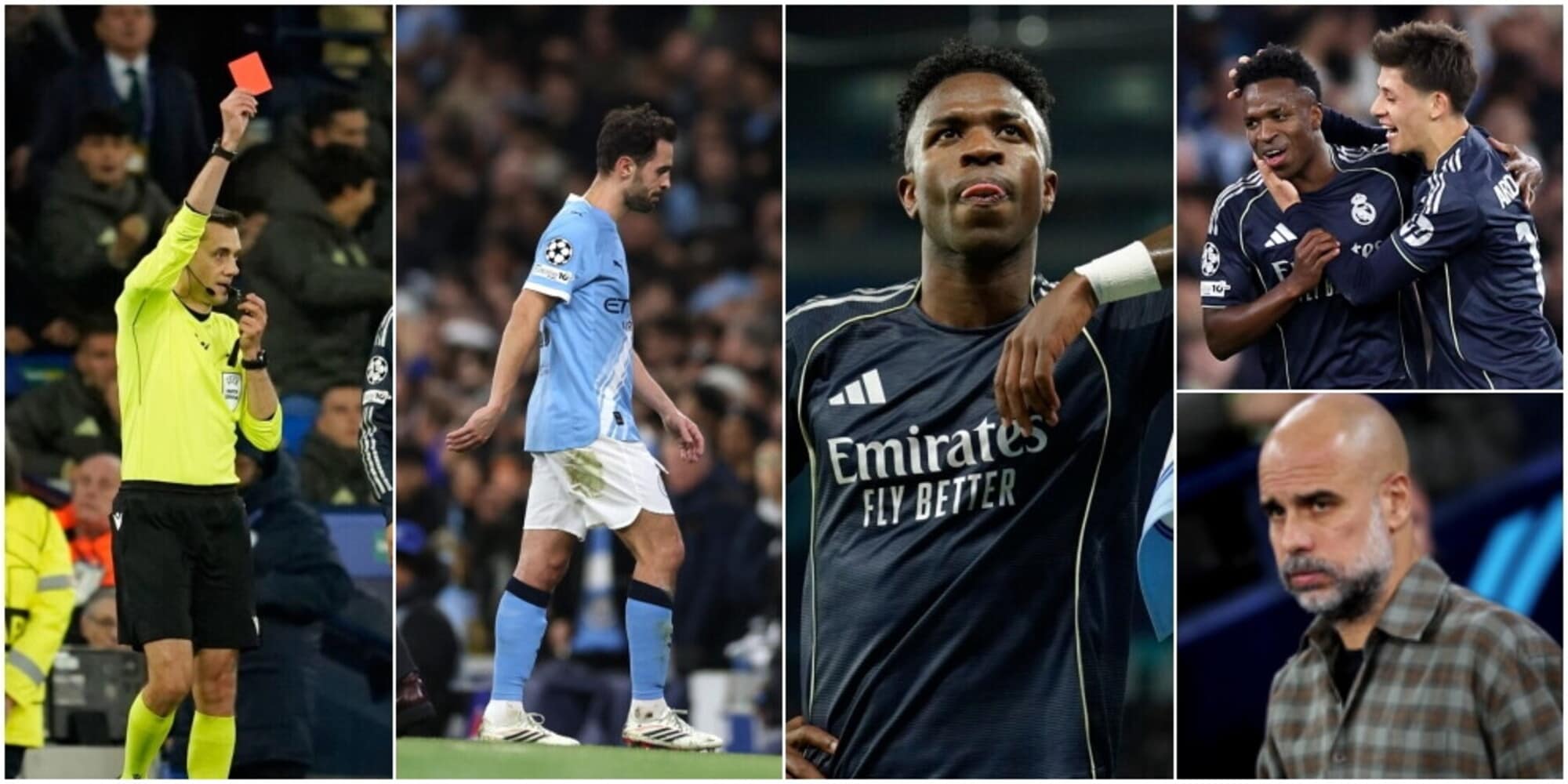 Bernardo Silva espulso, il Real passeggia a Manchester e Vinicius si vendica