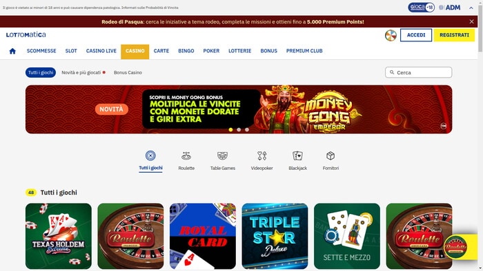 Homepage del casinò online Lottomatica con catalogo giochi e bonus